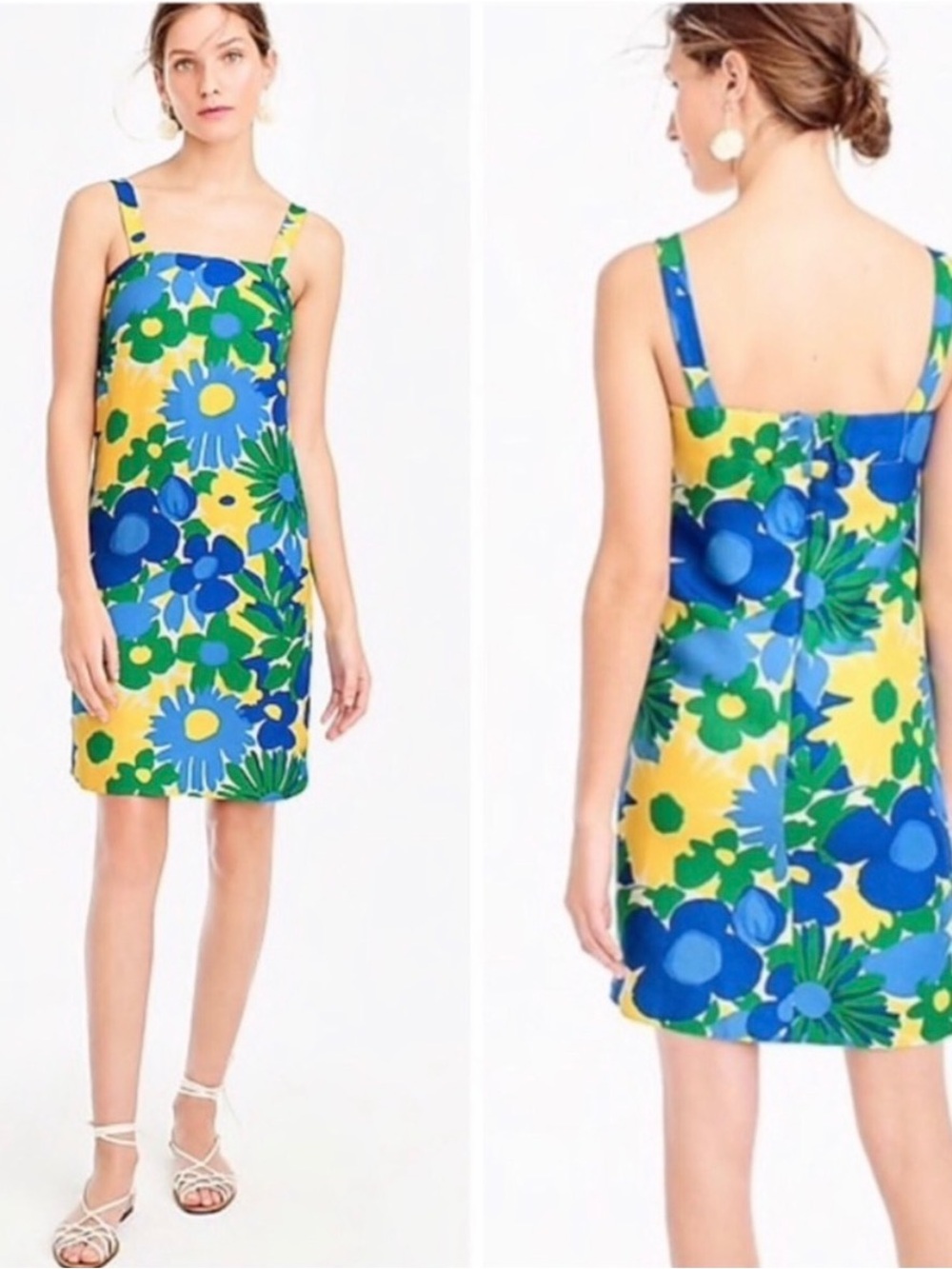 J. Crew Bold Floral Square-Neck Mini Dress in Blue, Green & Yellow